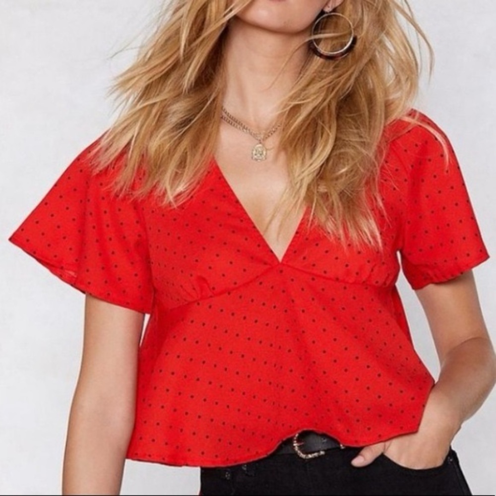 Nasty Gal Red Polka Dot V-Neck Blouse